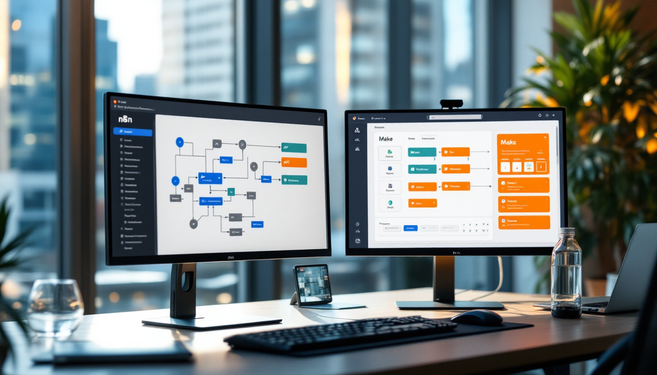 업무 자동화 도구 n8n과 Make의 워크플로우 대시보드 비교 화면