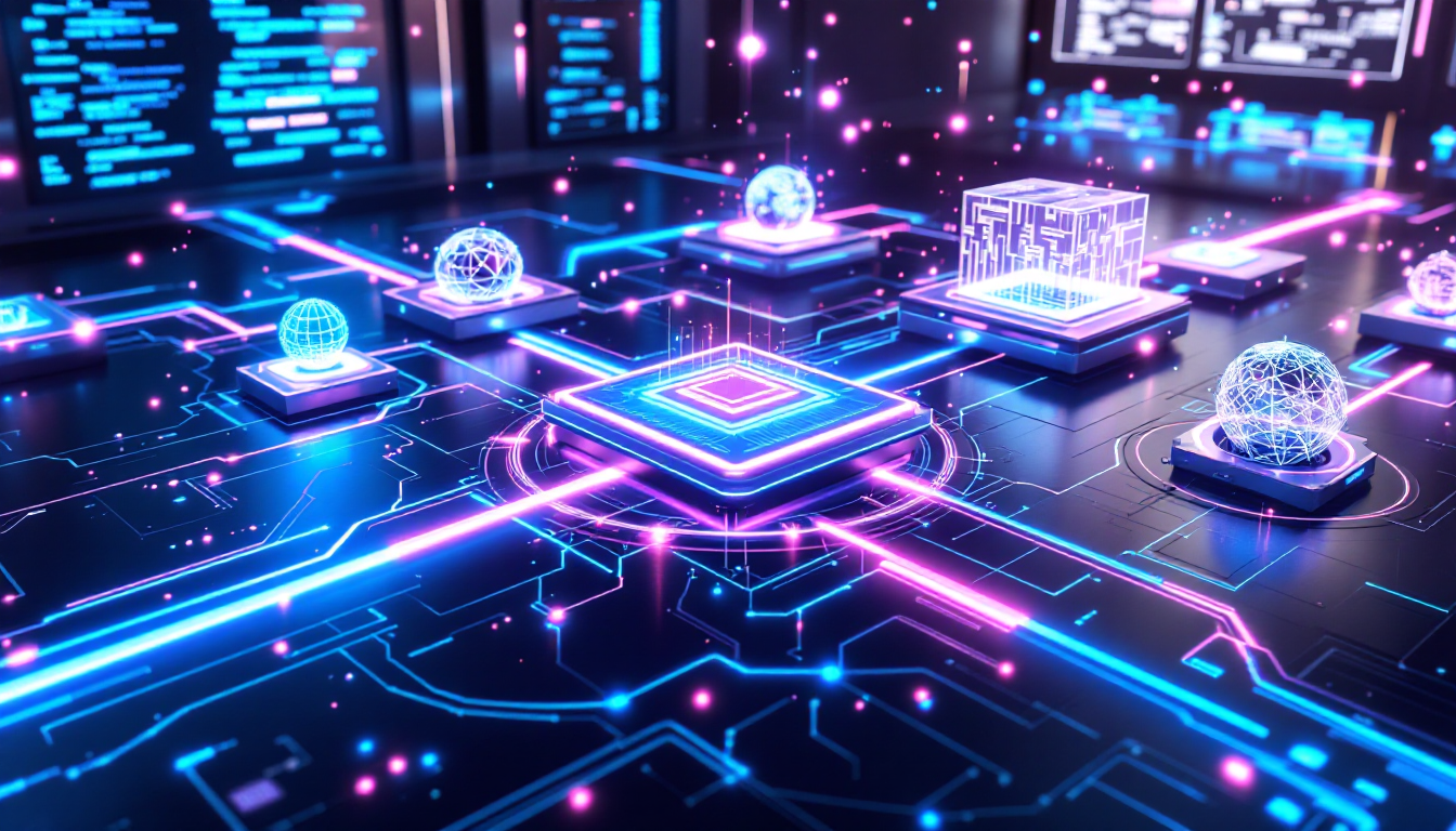 LangChain과 자체 호스팅 LLM을 포함한 AI 통합 워크플로우의 미래지향적 개념 이미지