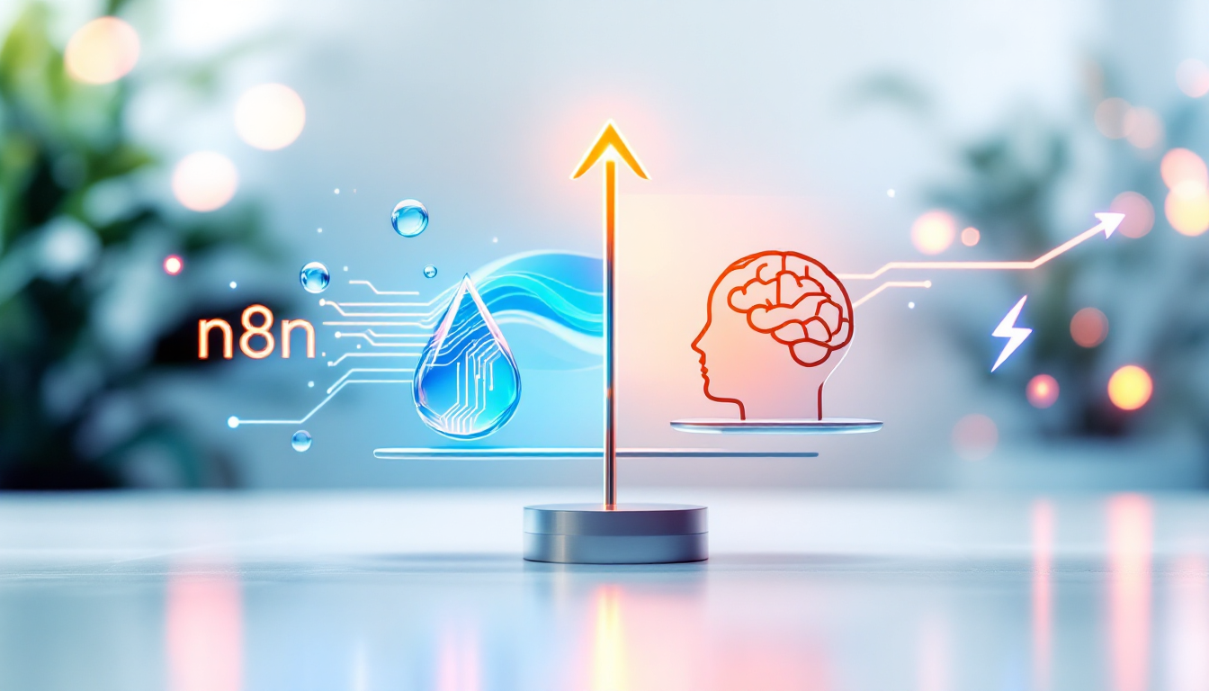n8n의 통제와 자유, Make의 직관과 균형, Zapier의 단순성과 속도를 상징하는 비즈니스 콘셉트 이미지
