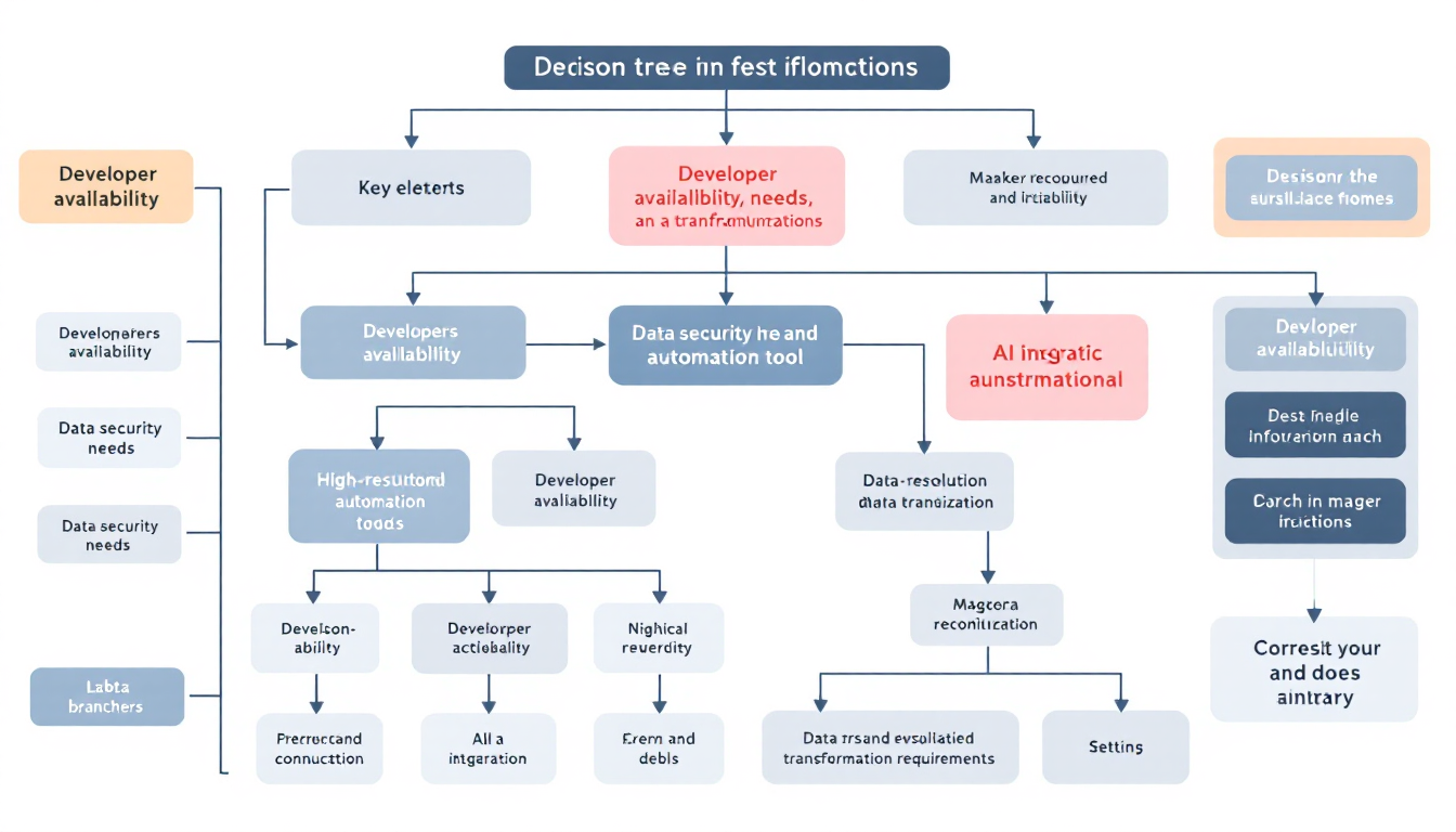 개발자 유무, 데이터 보안, AI 통합, 데이터 변환 요구에 따른 최적 도구 선택 결정 가이드 다이어그램