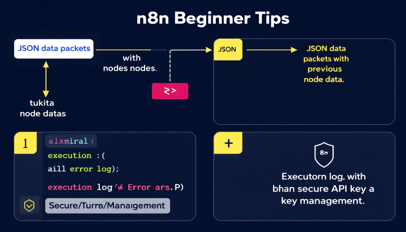 n8n 초보자를 위한 핵심 팁들을 시각적으로 정리한 인포그래픽 이미지