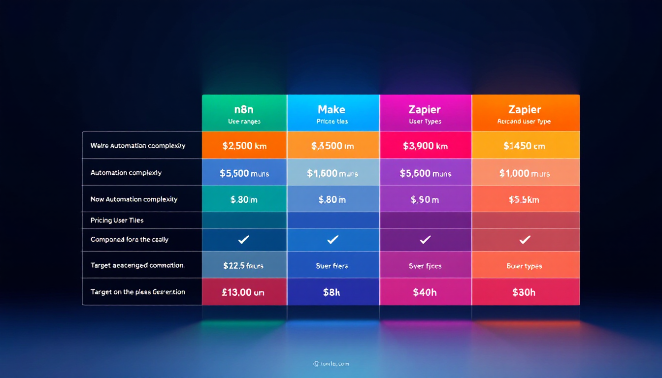 n8n, Make, Zapier의 주요 기능과 가격, 사용자 유형을 비교한 인포그래픽 테이블