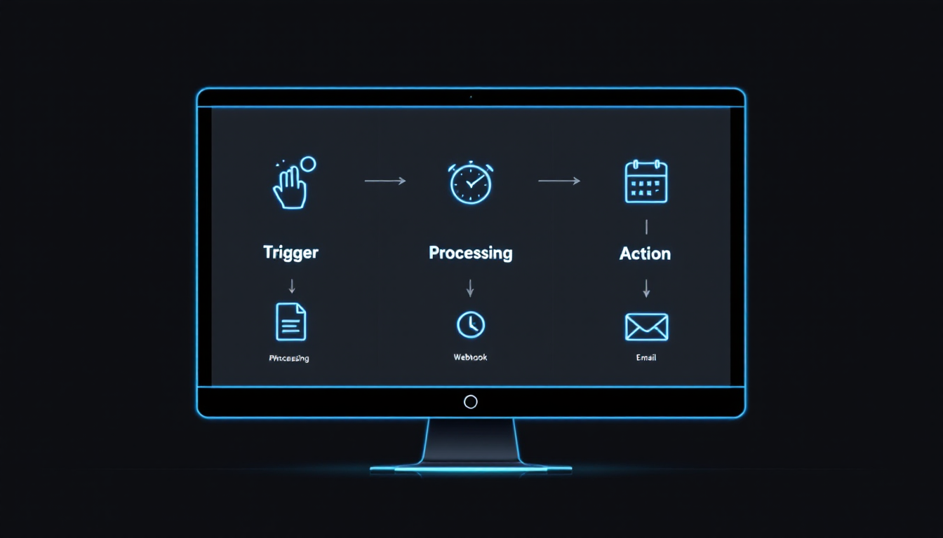 트리거, 처리, 액션의 3단계 구조를 시각적으로 보여주며 다양한 트리거 노드들을 설명하는 이미지